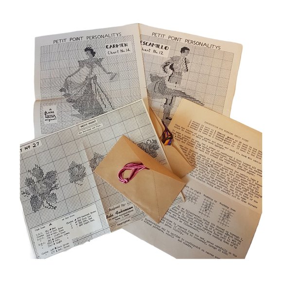 Vintage Petit Point Patterns Rose Jewelry Pins and Earrings and Spanish Dancers - Picture 1 of 8